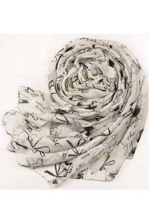 Scarf in cream with patterns of lady's hats, handbags, etc.