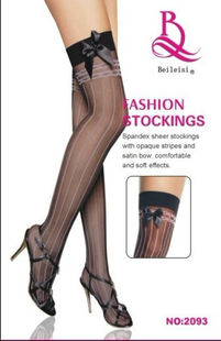Thigh high stocking in black with vertical lines and bolds at top